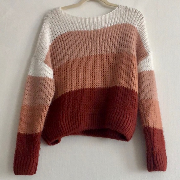 12th Tribe white, mauve pink, orange and red Too Soon knit sweater - Picture 6 of 10